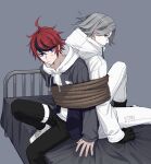  2boys ahoge aotsuki_eito black_gloves black_jacket black_pants black_streaks blue_eyes bound bound_arms bound_together glasses gloves grey_background grey_hair grey_jacket hood hoodie jacket jacket_over_hoodie looking_at_viewer male_focus multicolored_hair multicolored_jacket multiple_boys on_bed open_clothes open_jacket pants red_hair rope seiran_yoroz shoes short_hair simple_background streaked_hair sumino_takumi sweatdrop the_hundred_line_-last_defense_academy- two-tone_jacket white_hoodie white_jacket white_pants white_shoes 