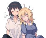  ... 2girls blonde_hair blue_shirt blush brown_hair closed_eyes closed_mouth collarbone collared_shirt commentary_request leaning_on_person long_hair maribel_hearn multiple_girls no_headwear open_mouth re_ghotion shirt short_sleeves simple_background sleeping sleeping_on_person sleepwear spoken_ellipsis touhou usami_renko white_background white_shirt 