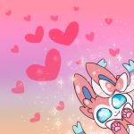  :3 blue_eyes commentary creature english_commentary face flufflixx gen_6_pokemon heart heart_background looking_at_viewer no_humans pink_background pokemon pokemon_(creature) solo sparkle sylveon 