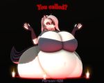  3d_(artwork) 4_fingers anthro big_breasts black_background black_body black_fur breasts candle canid canine canis collar demon digital_media_(artwork) female fingers fur grey_body grey_fur hair helluva_boss loona_(vivzmind) mammal overweight person-420 red_eyes simple_background white_body white_fur white_hair wolf 