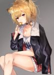  1girl animal_ears arknights bangs black_jacket black_nails blonde_hair breasts brown_eyes candy cleavage cutoffs eyebrows_visible_through_hair feet_out_of_frame food fur-trimmed_jacket fur_trim gradient gradient_background grey_background hand_up highres holding holding_food invisible_chair jacket large_breasts lion_ears lollipop long_sleeves looking_at_viewer momijitouke nail_polish ponytail red_shorts shirt short_hair short_shorts shorts siege_(arknights) sitting solo t-shirt thighs white_shirt 