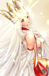  1girl absurdres bare_shoulders blonde_hair breasts commentary_request cross dress fate/grand_order fate/zero fate_(series) from_side gem grey_hair highres irisviel_von_einzbern large_breasts long_hair open_mouth red_eyes sitting solo tagme wakana_art white_dress white_hair 