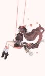  1girl absurdres black_hat black_shoes black_shorts brown_coat brown_hair bug butterfly closed_eyes coat coattails commentary_request floating_hair flower full_body genshin_impact hat highres hu_tao_(genshin_impact) kneehighs long_hair long_sleeves on_swing origami_gyokuo red_flower shoes shorts simple_background sitting smile socks swing tassel twintails very_long_hair vision_(genshin_impact) white_socks 