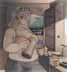  1girl absurdres black-framed_eyewear character_request clock closed_mouth coffee coffee_mug collarbone copyright_request cotton_swab cowboy_shot cup cyb3rbully1ng digital_clock english_commentary english_text eyewear_on_head glasses grey_hair grey_pants highres indoors looking_down milk milk_carton moka_pot mug no_symbol pants plump poster_(object) salt shadow solo spoon sticky_note thick_arms window window_blinds 