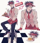  1boy apron arrow_through_heart artist_name bar_stool black_hair black_pants burger checkered_floor chibi chibi_inset choso_(jujutsu_kaisen) closed_mouth diner drink drinking_straw facial_mark fingerless_gloves food french_fries gloves jujutsu_kaisen leaning_forward male_focus milkshake multiple_views necktie open_mouth pancake pancake_stack pants pinstripe_pattern pinstripe_vest red_apron red_gloves red_necktie shirt short_hair short_twintails sitting smile solo stool ttnoooo twintails twitter_username vest visor_cap waist_apron white_background white_shirt 