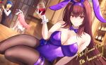  1boy 2girls alcohol animal_ears bar_(place) black_pants black_vest blue_hair bottle bow breasts cleavage closed_mouth collarbone cu_chulainn_(fate) cu_chulainn_(fate/stay_night) cup detached_collar drinking_glass english_text eyebrows_hidden_by_hair facing_viewer fake_animal_ears fake_tail fate/grand_order fate/stay_night fate_(series) fishnet_pantyhose fishnets hair_between_eyes heart highres holding holding_cup large_breasts leaning_to_the_side leotard long_hair looking_at_another looking_at_viewer low_ponytail medb_(fate) multiple_girls open_mouth pants pantyhose pink_hair playboy_bunny ponytail purple_bow purple_hair purple_leotard rabbit_ears rabbit_tail red_eyes scathach_(fate) scathach_(piercing_bunny)_(fate) shelf smile sparkle strapless strapless_leotard tail thighs umirunie very_long_hair vest waiter white_leotard wine wine_bottle wine_glass 