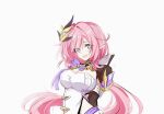  1girl arms_behind_back blue_eyes breasts cleavage corset elf elysia_(honkai_impact) elysia_(miss_pink_elf)_(honkai_impact) hair_ornament highres honkai_(series) honkai_impact_3rd large_breasts long_hair looking_at_viewer mi_(27782900) open_mouth pink_hair pointy_ears shrug_(clothing) simple_background smile solo very_long_hair white_background white_corset 