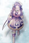  1girl ainu_clothes black_hair boots bow_(weapon) braid headscarf highres holding holding_bow_(weapon) holding_weapon jewelry pilika_(rune_factory) purple_eyes rune_factory rune_factory:_guardians_of_azuma snow snowing srm_bkmn twin_braids walking weapon 
