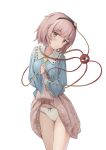  1girl blue_shirt blush bow bow_panties clothes_lift flashing hairband highres komeiji_satori kubure lifting_own_clothes panties panties_day pink_eyes pink_hair pink_skirt shirt short_hair skirt skirt_lift solo thighs third_eye touhou underwear white_panties 