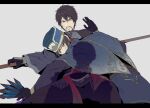  3boys black_border black_gloves black_pants border brown_hair chinese_clothes clenched_teeth facial_hair furrowed_brow gloves goatee gold_trim hair_between_eyes hand_up hat highres igusaharu letterboxed male_focus multiple_boys one_eye_closed pants parted_lips red_sash sash shadow shin_sangoku_musou shin_sangoku_musou_origins short_hair silhouette teeth twitter_username waist_sash xun_you xun_yu_(shin_sangoku_musou) ziluan_(shin_sangoku_musou) 
