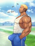  1boy adam&#039;s_apple bandaid bandaid_on_face bandaid_on_nose bara beard_stubble biceps blonde_hair blue_pants blurry blurry_background bracelet brown_eyes bulge cigarette coco342 covered_abs ear_piercing earrings eyebrow_cut facial_hair gradient_hair hand_in_pocket highres jewelry korean_text large_pectorals large_variant_set male_focus multicolored_hair muscular muscular_male mustache_stubble nipples original outdoors pants pectorals piercing scar scar_on_arm scar_on_face short_hair sidepec smoking solo stubble tank_top track_pants translation_request variant_set veins white_tank_top 