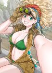  1girl adjusting_goggles asymmetrical_hair bandana bikini bikini_under_clothes blonde_hair blue_bandana blush breasts brown_gloves earrings foliage furrowed_brow gake_no_ue_no_ponyo gemma_(monster_hunter_wilds) gloves goggles green_bikini green_eyes haruchii_(pulpyharu) highres jacket jewelry large_breasts leather leather_jacket lips long_hair monster_hunter_(series) monster_hunter_wilds open_clothes open_jacket red_bandana selfie smile stuffed_animal stuffed_toy sweat sweatdrop swimsuit thighs 
