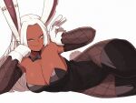  1girl absurdres animal_ears bare_shoulders black_bow black_bowtie black_leotard black_thighhighs boku_no_hero_academia bow bowtie breasts cleavage commentary_request dark-skinned_female dark_skin earrings fishnet_pantyhose fishnet_sleeves fishnets gloves hand_on_own_cheek hand_on_own_face head_rest highres jewelry large_breasts leotard long_eyelashes long_hair looking_at_viewer lying mirko notched_ear omniiro on_side pantyhose parted_bangs playboy_bunny rabbit_ears rabbit_girl rabbit_tail red_eyes scar scar_on_face smile smug solo strapless tail thick_thighs thighhighs thighs v white_background white_gloves white_hair 