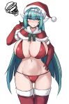  1girl absurdres android aqua_hair ass_visible_through_thighs bikini blue_eyes blush bow breasts capelet christmas cleavage elbow_gloves fur-trimmed_capelet fur-trimmed_headwear fur-trimmed_thighhighs fur_trim generic_ooban_yaki gloves green_hair hairband hand_on_own_hip hat highres huge_breasts long_hair looking_at_viewer navel original red_bikini red_capelet red_gloves red_thighhighs robot_ears santa_bikini santa_costume santa_hat simple_background solo swimsuit thighhighs very_long_hair white_background white_hairband y-0_(generic_ooban_yaki) 