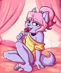  anthro blush candy canid canine choker clothing cub digital_media_(artwork) female food glitcharttv hair happy jewelry liz lollipop looking_at_viewer mammal necklace open_mouth pawpads paws smile solo teeth tongue young 