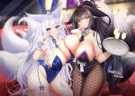  2girls alcohol animal_ear_fluff animal_ears asymmetrical_docking azur_lane bare_shoulders black_hair black_necktie black_tail blue_eyes blue_garter_straps blue_leotard blue_nails breast_press breasts brown_pantyhose champagne champagne_flute collar cup dated detached_collar drinking_glass facial_mark fake_animal_ears fishnet_pantyhose fishnets floppy_ears fox_ears fox_girl fox_tail gloves highres holding holding_tray huge_breasts indoors kitsune kyuubi large_tail leotard long_hair looking_at_viewer magatama multiple_girls multiple_tails musashi_(azur_lane) musashi_(the_purple_rabbit's_marksmanship)_(azur_lane) nail_polish necktie official_alternate_costume pantyhose playboy_bunny purple_leotard purple_trim rabbit_ears shinano_(azur_lane) shinano_(visions_of_fantasy)_(azur_lane) short_necktie siblings sisters smile stage strapless strapless_leotard tail thighhighs tray tsuri_pi v very_long_hair whisker_markings white_collar white_gloves white_hair white_tail white_thighhighs white_wrist_cuffs wrist_cuffs yellow_eyes 