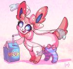  blue_eyes creature drinking_straw english_text eyelashes fangs flufflixx full_body gen_6_pokemon happy highres milk_carton no_humans pink_background pokemon pokemon_(creature) signature simple_background solo standing star striped striped_legwear sylveon thighhighs tongue tongue_out 