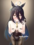  1girl ahoge animal_ears bare_shoulders black_hair black_leotard blush breasts cleavage collarbone covering_breasts covering_privates detached_collar ear_ornament ear_tag earrings fishnet_pantyhose fishnets grey_pantyhose hair_between_eyes hands_up highres horse_ears horse_girl horse_tail jewelry leotard long_bangs long_hair long_hair_between_eyes manhattan_cafe_(umamusume) multicolored_hair necktie nervous_sweating pantyhose short_necktie single_earring small_breasts solo sweat tail twitter_username umamusume very_long_hair white_hair yellow_necktie yuusen_(aenka) 
