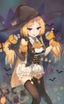  1girl aki_rosenthal alternate_costume asymmetrical_gloves bangs bare_shoulders black_headwear black_legwear blonde_hair breasts commentary detached_hair elbow_gloves eyebrows_visible_through_hair food_themed_hair_ornament fuenyuan gloves hair_ornament halloween hat highres hololive large_breasts long_hair looking_at_viewer open_mouth parted_bangs pumpkin_hair_ornament purple_eyes smile solo thighhighs tongue tongue_out twintails virtual_youtuber witch_hat 