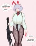  1girl absurdres animal_ear_hairband animal_ears artist_name bunny_day commentary condom condom_wrapper cropped_jacket drum_magazine english_text fake_animal_ears feet_out_of_frame fishnet_pantyhose fishnets girls&#039;_frontline grey_eyes gun hairband highres holding holding_condom holding_gun holding_weapon leotard light_machine_gun long_sleeves looking_at_viewer machine_gun magazine_(weapon) nishibuya pantyhose pink_background rabbit_ear_hairband rabbit_ears rpk-16 rpk-16_(girls&#039;_frontline) short_hair simple_background solo speech_bubble standing striped_clothes striped_leotard weapon white_hair white_leotard 