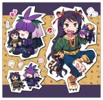  &gt;_&lt; 2girls alternate_size anger_vein animal_ears animal_hands black_gloves black_hair blue_pants blush bone commentary_request crossed_legs dress expressive_clothes flower flower_on_head flying_sweatdrops gloves green_shirt hand_in_pocket heart holding_hands horn_ornament horn_ribbon horns lifting_person lobelia_(flower) long_hair mini_person minigirl multiple_girls nippaku_zanmu open_mouth pants paw_gloves paw_shoes puff_of_air purple_dress purple_flower re_ghotion red_eyes ribbon shirt smile spoken_anger_vein spoken_blush tail tiger_ears tiger_girl tiger_tail touhou very_long_hair yellow_horns yomotsu_hisami 