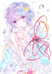  1girl blue_shirt collar frilled_sleeves frilled_socks frills full_body hair_ornament hairband heart heart_hair_ornament hugging_own_legs komeiji_satori light_blush long_sleeves looking_up misoshiru_(user_srue4577) open_mouth pink_eyes purple_hair purple_hairband red_slippers shirt slippers socks solo tearing_up thick_eyelashes third_eye touhou traditional_media water_drop white_background white_collar white_socks 
