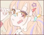  1girl adjusting_eyewear bandaid bandaid_on_face bandaid_on_nose black_border blush_stickers border brown_hair candy_sticker collared_shirt fingernails glasses grey_background hair_bobbles hair_ornament hairclip hand_on_eyewear highres jacket long_sleeves looking_at_viewer multicolored_hair namori necktie original over-rim_eyewear parted_lips purple_hair red_eyes red_jacket red_necktie semi-rimless_eyewear shirt simple_background solo star_(symbol) star_hair_ornament sticker_on_face streaked_hair twintails two-tone_hair white_shirt yellow-framed_eyewear 