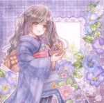  black_hair blue_flower blue_kimono floral_print flower highres japanese_clothes kimono long_hair looking_at_viewer nazumi_shiho open_mouth orb original purple_eyes purple_flower red_sash sash sitting striped_clothes striped_kimono vertical-striped_clothes vertical-striped_kimono white_flower 