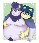  2018 anthro belly blush canid canine canis cute_fangs duo felid grope hi_res humanoid_hands kemono kemonofluffy lion male male/male mammal moobs navel nipples overweight overweight_male pantherine wolf 