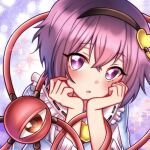  1girl black_hairband blue_shirt blush commentary_request crossed_bangs eyeball frilled_shirt_collar frills grey_background hair_between_eyes hair_ornament hairband hands_on_own_face hands_up heart heart_hair_ornament komeiji_satori long_sleeves looking_at_viewer parted_lips purple_eyes purple_hair shirt short_hair simple_background solo sparkle third_eye touhou yori_(pixiv_33062912) 