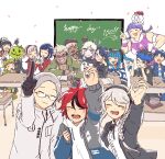 6+boys 6+girls :d ^_^ ahoge amemiya_darumi aotsuki_eito arm_up black_choker black_gloves black_hair black_hairband black_haori black_hat black_jacket black_ribbon black_streaks blonde_hair blue_hair blue_hat blue_jacket blush board_eraser book bottle bow bowtie braid chalkboard choker classroom closed_eyes collared_shirt commentary dark-skinned_female dark_skin desk double_bun dougi english_commentary english_text everyone eye_print eyepatch facing_viewer fingerless_gloves ginzaki_shouma glasses gloves green_hat grey_hair grey_jacket grin hair_bow hair_bun hairband haori hat highres hood hoodie jacket jacket_over_hoodie japanese_clothes kawana_tsubasa kirifuji_nozomi long_hair looking_at_viewer magadori_kyoshika maruko_gaku masked mojiro_moko multicolored_hair multicolored_jacket multiple_boys multiple_girls neck_ribbon nigou_(hundred_line) omokage_yugamu onettfarts oosuzuki_kurara paper pencil pink_hair ponytail print_eyepatch purple_hair red_bow red_bowtie red_eyes red_hair ribbon roots_(hair) school_desk shion_(hundred_line) shirt shizuhara_hiruko short_hair sirei_(hundred_line) smile streaked_hair striped_clothes striped_shirt sumino_takumi sunglasses the_hundred_line_-last_defense_academy- tinted_eyewear tsukumo_ima tsukumo_kako twintails two-tone_jacket white_hoodie white_jacket white_shirt yakushiji_takemaru 