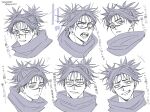  1boy choso_(jujutsu_kaisen) cropped_head expression_chart facial_mark furry greyscale grin jujutsu_kaisen laughing male_focus monochrome multiple_views open_mouth parted_bangs parted_lips scarf short_hair short_twintails smile solo teeth ttnoooo twintails white_background wide-eyed 