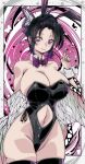  1girl absurdres artist_name black_hair black_leotard black_thighhighs breasts bunny_day butterfly_hair_ornament cleavage closed_mouth clothing_cutout commentary_request hair_ornament hand_up highleg highleg_leotard highres huge_breasts kimetsu_no_yaiba kinakomochi_(user_vedc2333) kochou_shinobu leotard looking_at_viewer navel navel_cutout nontraditional_playboy_bunny purple_eyes short_hair smile solo standing thighhighs thighs v 
