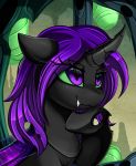  2020 arthropod changeling digital_media_(artwork) eyelashes female feral hi_res hole_(anatomy) horn my_little_pony pridark purple_eyes smile solo wings 