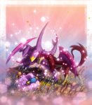  ^_^ alternate_color blue_eyes border closed_eyes commentary couple creature deviantart_username dragon english_commentary flower full_body garchomp gen_2_pokemon gen_4_pokemon gen_5_pokemon grass happy highres horns interspecies ja-punkster liepard mareep mega_garchomp no_humans pokemon pokemon_(creature) shiny_pokemon sparkle standing tumblr_username watermark web_address wings 