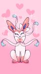  ^_^ closed_eyes commentary creature english_commentary facing_viewer fangs flufflixx full_body gen_6_pokemon heart heart_background highres no_humans phone_wallpaper pink_background pokemon pokemon_(creature) shadow simple_background solo sylveon 