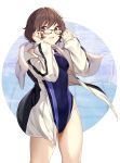  1girl :d adjusting_eyewear akiyama_yukari bangs banned_artist black-framed_eyewear blue_swimsuit breasts brown_eyes brown_hair commentary_request competition_swimsuit covered_navel cowboy_shot eyebrows_visible_through_hair girls_und_panzer glasses hands_up highleg highleg_swimsuit highres ikomochi jacket long_sleeves looking_at_viewer medium_breasts one-piece_swimsuit open_clothes open_jacket open_mouth short_hair skin_tight smile solo swimsuit swimsuit_under_clothes thighs towel towel_around_neck track_jacket white_jacket 
