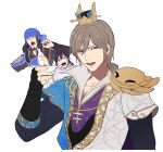  3boys absurdres bandana beard black_gloves black_hair blue_bandana bottle brown_hair chinese_clothes closed_eyes cup facial_hair fingerless_gloves furrowed_brow gloves gold_trim guo_jia hair_between_eyes highres holding holding_bottle holding_cup igusaharu jia_xu male_focus multiple_boys open_mouth popped_collar shin_sangoku_musou shin_sangoku_musou_origins shouting single_shoulder_pad smile sweatdrop twintails upper_body white_background yuanhua 