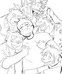 2025 accessory anthro bear black_and_white black_bear blush canid canine canis clothing domestic_cat dragon eastern_dragon eyes_closed eyewear facial_markings fangs felid feline felis glasses group group_hug hair head_markings headband hi_res hiroyuki_(morenatsu) hug hugging_another human jacket juuichi_mikazuki kounosuke_(morenatsu) male mammal mane markings mask_(marking) monochrome moon_bear morenatsu mythological_creature mythological_scalie mythology open_mouth open_smile pantherine pince-nez raccoon_dog scalie shin_(morenatsu) shirt shun_(morenatsu) sketch smile t-shirt tanuki tatsuki_(morenatsu) teeth thee1621 tiger topwear torahiko_(morenatsu) ursine wolf