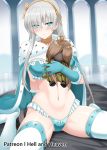 1girl anastasia_(fate/grand_order) bangs blue_bra blue_cloak blue_eyes blue_gloves blue_panties blush bra breasts cloak closed_mouth crown doll earrings elbow_gloves fate/grand_order fate_(series) gloves hair_over_one_eye hairband hellandheaven highres holding holding_doll jewelry large_breasts long_hair looking_at_viewer mini_crown navel panties royal_robe silver_hair sitting solo spread_legs thighhighs thighs underwear very_long_hair viy wariza white_legwear 