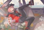  1girl absurdres animal_ears arknights baseball_cap black_choker black_hat black_hoodie black_pants black_shoes blue_eyes car_interior chinese_commentary choker closed_mouth commentary_request coper_maileyun ears_through_headwear fanny_pack flower fox_ears fox_girl full_body hat highres hood hood_down hoodie jacket jacket_over_hoodie leg_up letterman_jacket long_sleeves looking_at_viewer lying official_alternate_costume on_back pants pink_hair red_jacket shoes short_hair sneakers solo sussurro_(arknights) sussurro_(travel_freely)_(arknights) white_flower 