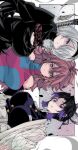  2b_(nier:automata) 3girls absurdres android_21 belt black_dress black_hair black_shirt black_sleeves blue_eyes breasts brown_hair butterfly_hair_ornament buttons checkered_clothes checkered_dress cleavage_cutout clothing_cutout crossover demon_slayer_uniform detached_sleeves dragon_ball dragon_ball_fighterz dress earrings gradient_hair hair_between_eyes hair_ornament haori headband highres hoop_earrings japanese_clothes jewelry kimetsu_no_yaiba kinakomochi_(user_vedc2333) kochou_shinobu large_breasts long_hair long_sleeves mole mole_under_mouth multicolored_dress multicolored_hair multiple_crossover multiple_girls nier:automata nier_(series) one_eye_covered parted_bangs puffy_sleeves purple_eyes purple_hair shaded_face shirt short_hair sideways sleeveless sleeveless_shirt sword sword_on_back upper_body weapon weapon_on_back white_hair 