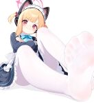  1girl :3 animal_ear_headphones animal_ears apron black_dress blonde_hair blue_archive blue_ribbon cat_ear_headphones crossed_arms didac_fantasy dress fake_animal_ears halo headphones highres maid_headdress momoi_(blue_archive) momoi_(maid)_(blue_archive) no_shoes official_alternate_costume pantyhose pink_eyes pink_halo ribbon simple_background solo two_side_up white_apron white_background white_pantyhose 