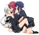  3girls absurdres bare_shoulders black_serafuku black_skirt blue_hair blush closed_eyes ear_blush fff_threesome french_kiss group_sex heart highres implied_fingering kiss konno_junko long_hair long_sleeves low_twintails miiii minamoto_sakura mizuno_ai multiple_girls open_mouth plaid plaid_skirt red_hair saliva school_uniform serafuku short_hair simple_background skirt socks sweat threesome tongue tongue_out twintails white_background white_hair yuri zombie_land_saga 