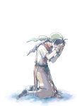  1boy ahoge artist_name bandaged_leg bandages bandana belt black_belt black_hair black_shoes brown_gloves brown_pants full_body gensou_suikoden gensou_suikoden_i gloves gold_trim green_bandana hands_on_own_face kneeling male_focus michibata_65 pants parted_bangs red_tunic shirt shoes short_hair solo tir_mcdohl torn_clothes torn_sleeves tunic white_background white_shirt 