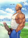  1boy adam&#039;s_apple bandaid bandaid_on_face bandaid_on_nose bara beard_stubble biceps blonde_hair blue_pants blurry blurry_background bracelet brown_eyes coco342 covered_abs cum cum_on_body cum_on_penis dark_penis ear_piercing earrings ejaculation erection eyebrow_cut facial_hair foreskin_pull gradient_hair hand_in_pocket highres huge_penis jewelry korean_text large_pectorals large_variant_set male_focus male_pubic_hair multicolored_hair muscular muscular_male mustache_stubble nipples original outdoors pants pectorals penis penis_out piercing pubic_hair scar scar_on_arm scar_on_face short_hair sidepec solo stubble tank_top testicles track_pants translation_request variant_set veins white_tank_top 
