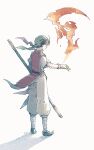  1boy ahoge bandaged_leg bandages bandana black_hair fire full_body gensou_suikoden gensou_suikoden_i gloves green_bandana highres holding holding_staff male_focus michibata_65 pants parted_bangs red_tunic shirt short_hair short_sleeves solo staff standing tir_mcdohl tunic white_background white_gloves white_pants white_shirt 