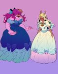 2girls alternate_costume bell blank_eyes blonde_hair blue_dress blue_hair blush bow chest_bow closed_eyes colored_skin commentary_request deer_girl deltarune dress dress_bow fingernails furry furry_female gown gradient_hair hair_bow half_updo highres holly korean_commentary long_fingernails multicolored_hair multiple_girls noelle_holiday off-shoulder_dress off_shoulder open_mouth purple_background purple_hair purple_skin reptile_girl sharp_teeth short_sleeves susie_(deltarune) syupeul88 teeth two-tone_hair white_dress 