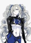  1girl artist_request black_shrug blue_skirt breasts fate/grand_order fate_(series) flower folding_fan hair_flower hair_ornament hand_fan highres kriemhild_(fate) kriemhild_(swimsuit)_(fate) long_hair long_sleeves mole mole_under_eye non-web_source shrug_(clothing) skirt source_request white_hair 