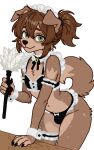 2025 anthro brown_body brown_fur brown_hair canid canine cheek_tuft clothed clothing collar cosplay crossdressing crown cuffs_(clothing) facial_tuft femboy floppy_ears frilly fur green_eyes hair headgear hi_res maid_headdress maid_uniform male mammal panties ponytail prince raised_tail ribbons royalty simple_background skye_(skyebubblez242) submissive submissive_male tail tuft underwear uniform